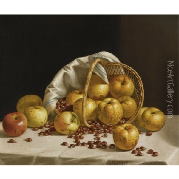 Still Life: Yellow Apples And Chestnuts Spilling From A Basket Oil Painting - John F. Francis
