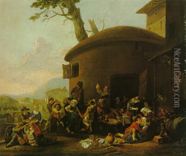 Figures Dancing And Carousing Outside An Inn In An Italianate Town Oil Painting - Johannes Lingelbach