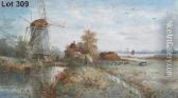 Study Of A Water-meadow Scene 
Near Aldeburgh Withfigures, Cattle, Windmill And Cottages In The 
Foreground And Theriver Alde In The Background With Sailing Vessel Oil Painting - Wilfred Williams Ball