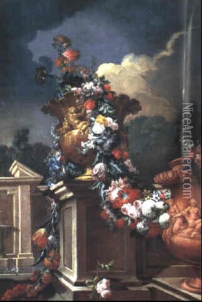 Vase Et Guirlande De Fleurs Oil Painting - Gasparo Lopez