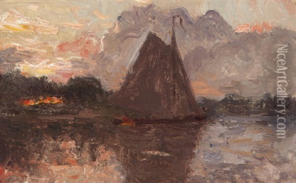 Sailboats At Dusk Oil Painting - Jules Dupre