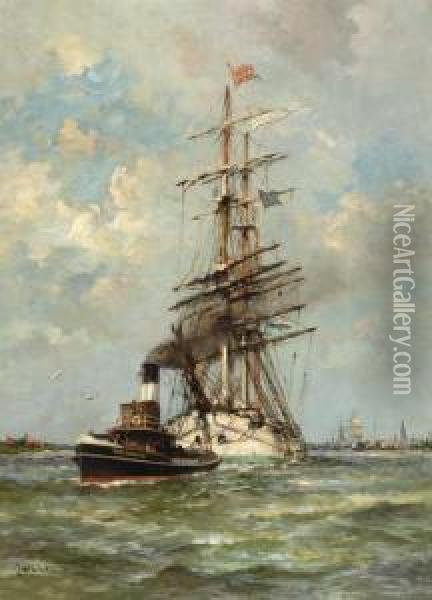 Tall-ship On The Ij At Amsterdam Oil Painting - Jan Van Der Linde