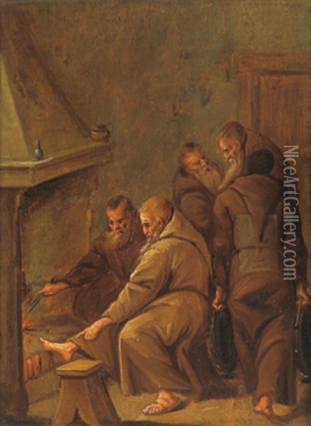 Monche Beim Kaminfeuer Oil Painting - Egbert van Heemskerck the Younger