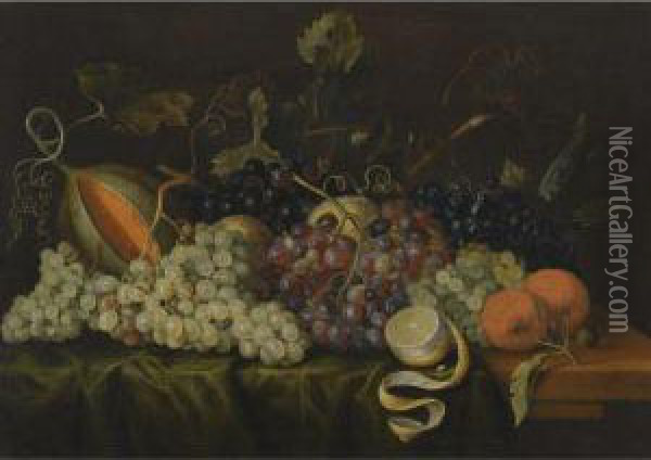 Still Life With Red, Black And Green Grapes On The Vine, Togetherwith Oranges, A Partly-peeled Lemon And A Melon On A Drapedtable-top Oil Painting - Jacob Marrel