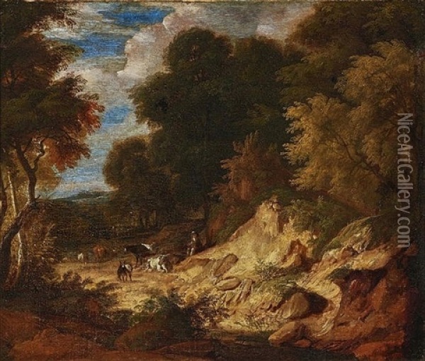 Tree Landscape With Shepherds Oil Painting - Jan Baptist Huysmans