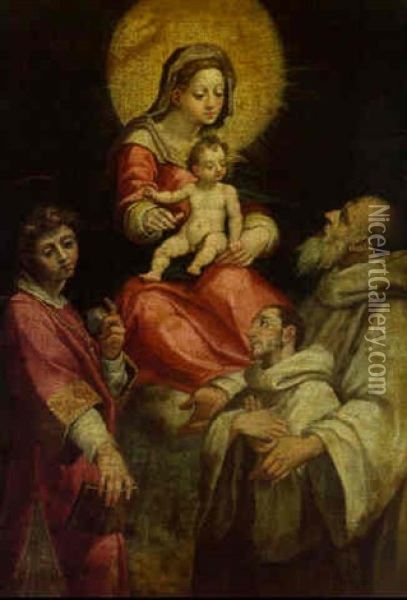 The Madonna And Child With Saint Stephen And Saint Benedict Presenting A Donor Oil Painting - Cristofano Allori