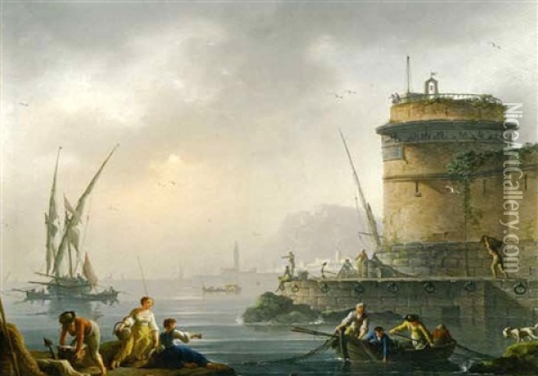 Vue De Port Au Soleil Couchant Oil Painting - Charles Francois Lacroix