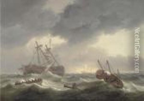 A Dutch Man-o'war In Distress With Boats Coming To The Rescue Oil Painting - Thomas Luny