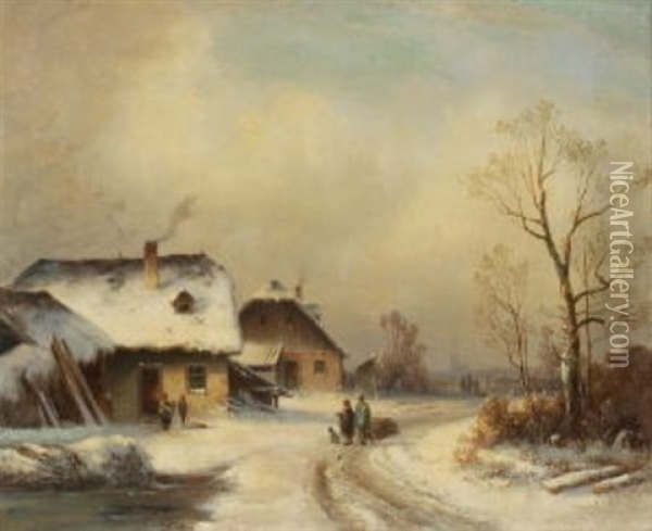 Dorfstrase Im Winter Oil Painting - Anton Doll