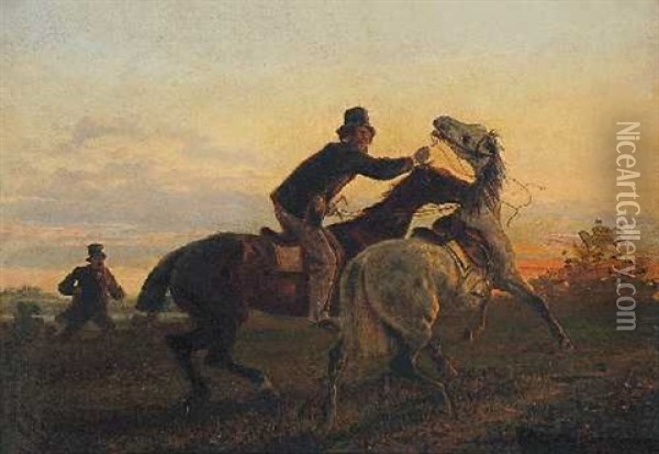 Erwischt: Ein Reiter Fangt Das Durchgegangene Pferd Eines Heraneilenden Herren Oil Painting - Konrad Freyberg