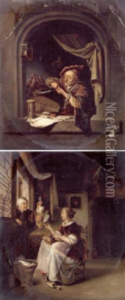 An Interior With A Scholar At A Window Making A Quill Pen Oil Painting - Gerrit Dou