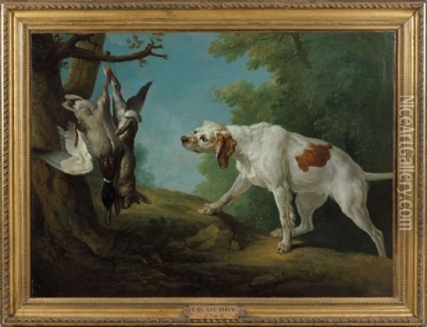 Chienne Blanche A L'arret Devant Un Lapin Et Un Colvert Oil Painting - Jean-Baptiste Oudry