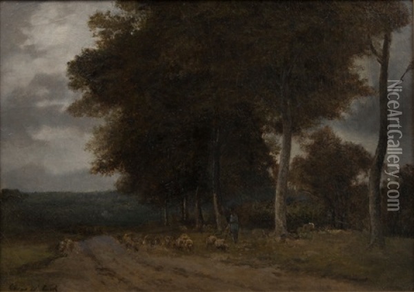 Sheepherder In A Wood Landscape Oil Painting - Cesar De Cock