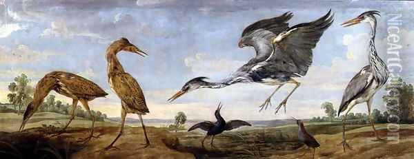 Bitterns, Herons and Water Rails in a Landscape Oil Painting - Paul de Vos