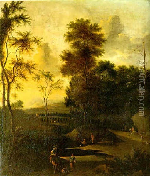 Travelers In An Italianate Wooded Landscape Oil Painting - Timotheus De Graef