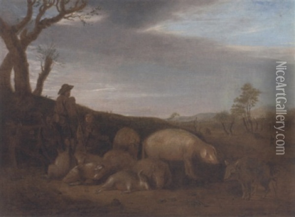 A Herdsman With Pigs In A Landscape Oil Painting - Paulus Potter