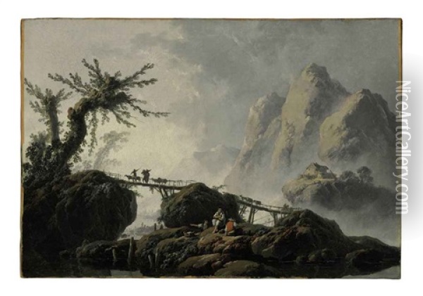 A Mountainous Landscape With Goatherds Crossing A Bridge Oil Painting - Jean Baptiste Pillement