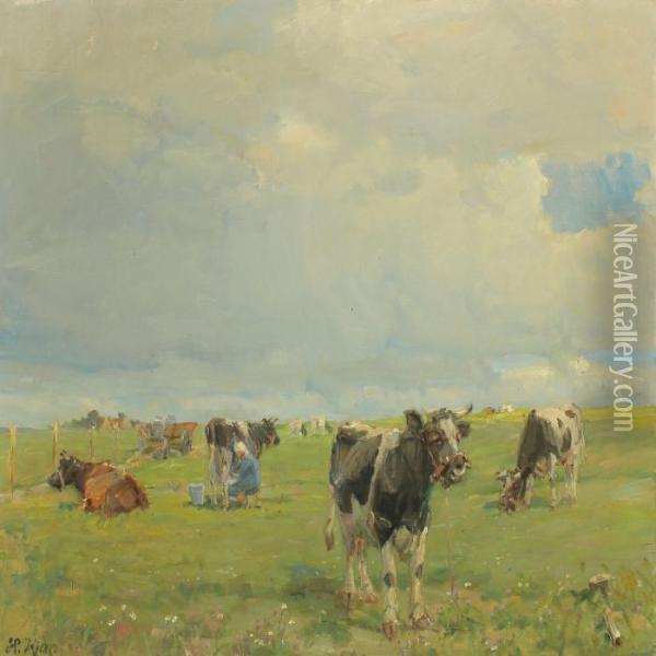 Cows Are Milked In The Meadow Oil Painting - Harald Kjaer