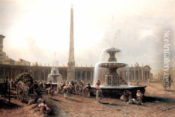 Figures In The Piazza, St. Peter's, Rome Oil Painting - Albert Arnz