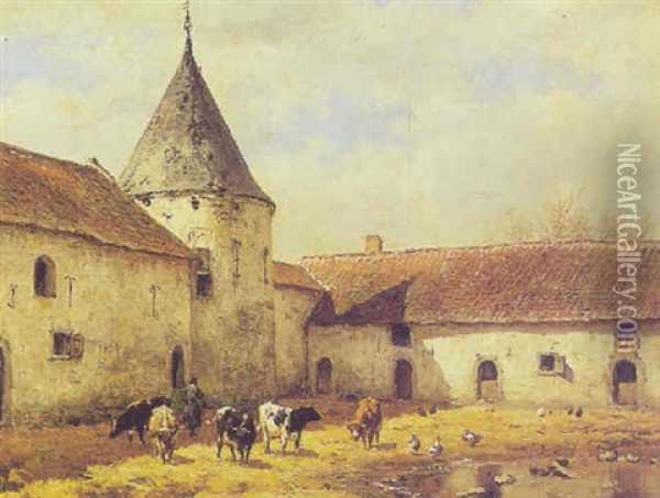 Cows And Chicken In A Yard Oil Painting - Willem Carel Nakken