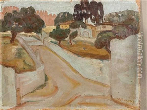 View Of Delfi (+ Road In Mytilini, Smaller; 2 Works) Oil Painting - Konstantinos Maleas