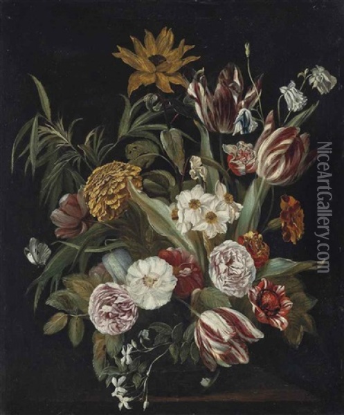 Roses, Tulips, A Sunflower And Other Flowers In A Glass Vase On A Stone Ledge Oil Painting - Jan Philip van Thielen