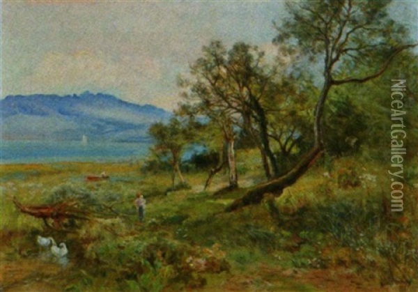 Paysage Cotier, Femme Et Enfant Devant La Mer Oil Painting - Henri Arthur Bonnefoy