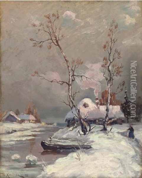 Riverside Cottages In The Snow (in Collab. W/studio) Oil Painting - Yuliy Yulevich (Julius) Klever