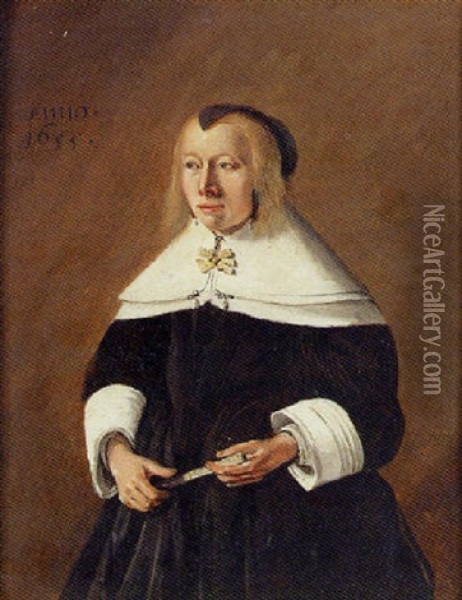 Portrait Of An Old Lady In A Black Dress And White Collar, Holding A Fan Oil Painting - Jan Miense Molenaer