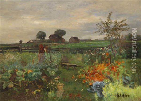 Bauerin Im Gemusegarten Oil Painting - Gustav Keller