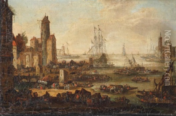 A View Of A Coastal Town, Shipping In The Distance Oil Painting - Pieter Casteels the Younger