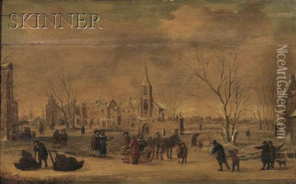 Winter Village With Skaters Oil Painting - Jan Abrahamsz. Beerstraaten