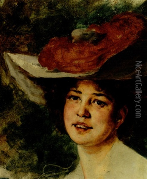 Portrait Einer Jungen Frau Mit Grosem Hut Oil Painting - Arnulf De Bouche