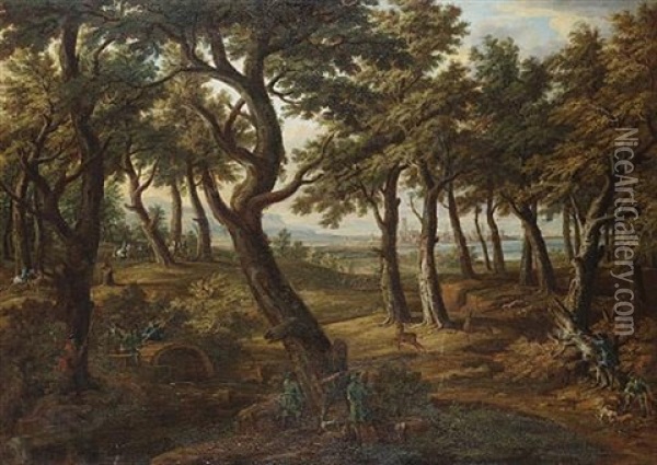 A Wooded Landscape With A Stag Hunt, A View To A City In The Distance Oil Painting - Jakob Christoph Weyermann