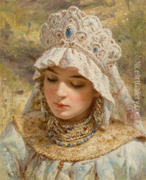 Portrait Of A Lady With Coconut Jewellery Oil Painting - Konstantin Egorovich Makovsky