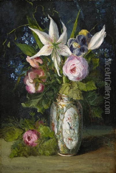 Blomsterstilleben Med Rosor, Forgatmigej (myosotis Scorpioides) Och Vita Madonnaliljor (lilium Candidum) I Kinesisk Vas Oil Painting - Anna Billing