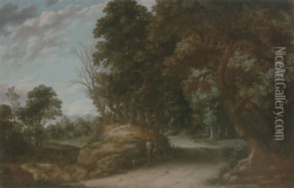 A Wooded Landscape With Travellers Resting On A Path Oil Painting - Joachim Govertsz Camphuysen