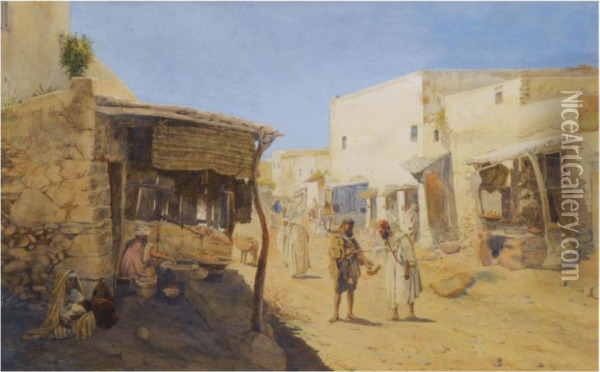 View Of The Main Street With Waterseller And Pastry Cook's Shops,safi, Morocco Oil Painting - Jarvis Matthew