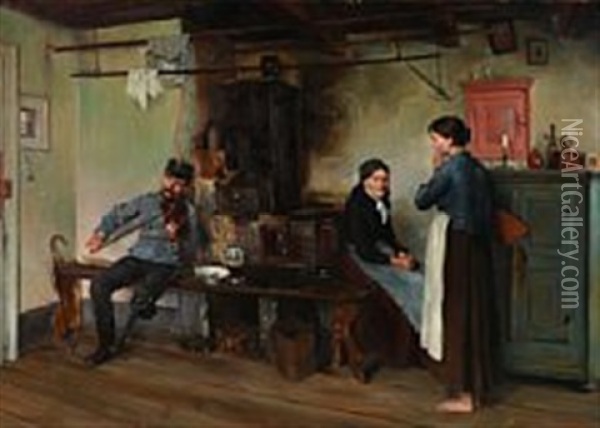 Interior From Munich With Two Women And A Man Playing The Violin Oil Painting - Hermann Bek-Gran