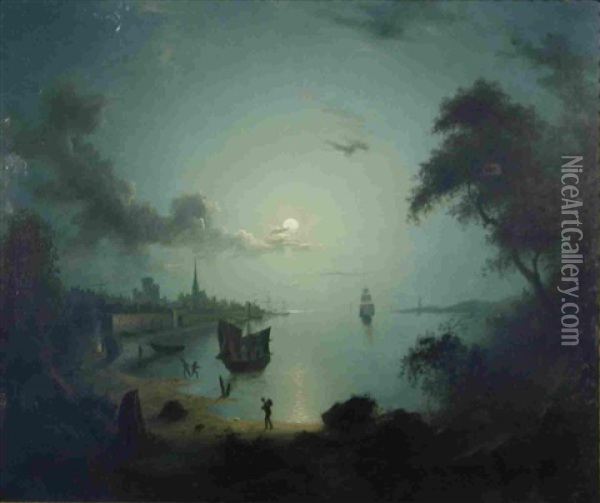 Southampton Seaport By Moonlight Oil Painting - Henry Pether