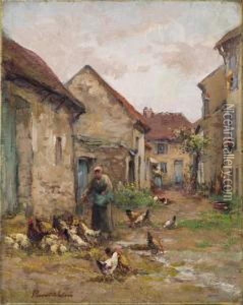 Cour De Ferme Animee Huile Sur Toile Signee En Bas A Gauche Oil Painting - Auguste Prevot-Valeri