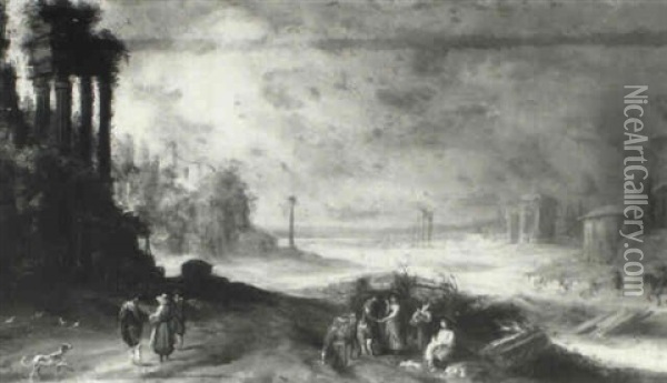 Extensive Landscape With Travellers Resting On A Track Oil Painting - Peter van der Borcht