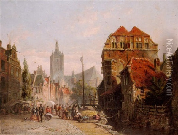 A Dutch Market Town With Figures Oil Painting - Adrianus Eversen