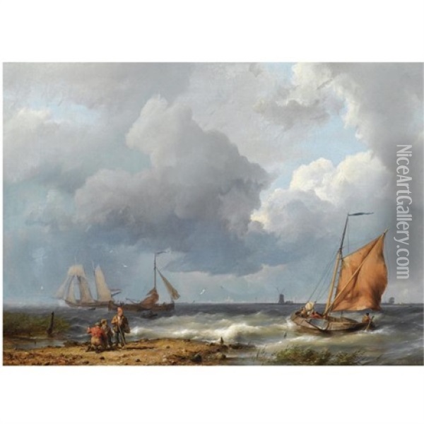 Shipping Off The Coast In Stormy Weather Oil Painting - Hermanus Koekkoek the Elder