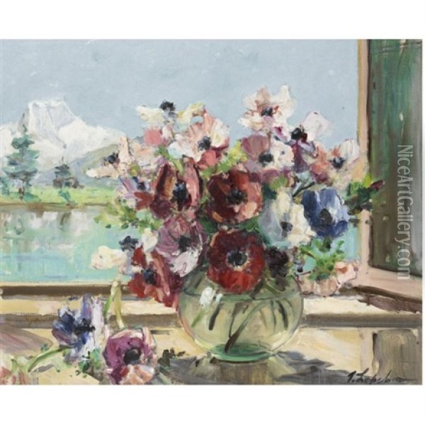 Still Life Of Anemonies (italian Alps) Oil Painting - Georgi Alexandrovich Lapchine