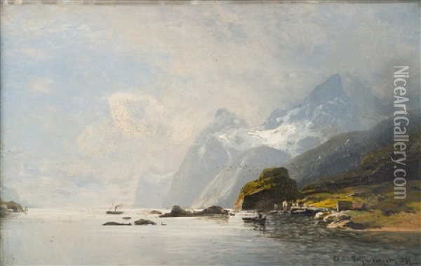 Fjord Oil Painting - Adolf Gustav Schweitzer