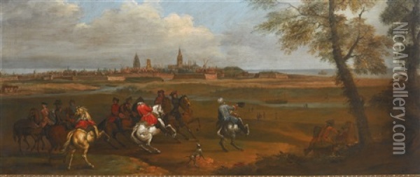 Riders Approaching A River, A View Of Calais Beyond Oil Painting - Adam Frans van der Meulen