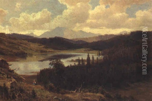 Reschensee (?) Oil Painting - Ludwig Georg Eduard Halauska