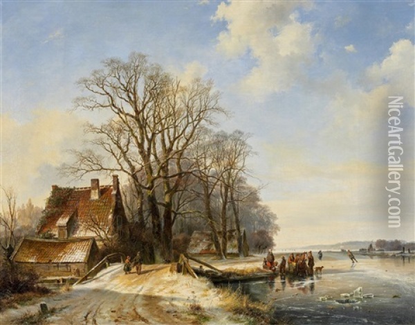 Winterlandschaft Mit Schlittschuhlaufern Auf Dem Eis Oil Painting - Frans Arnold Breuhaus de Groot