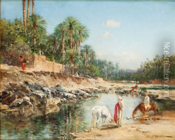 Cavaliers Dans L'oued De Bou-saada Oil Painting - Victor Pierre Huguet